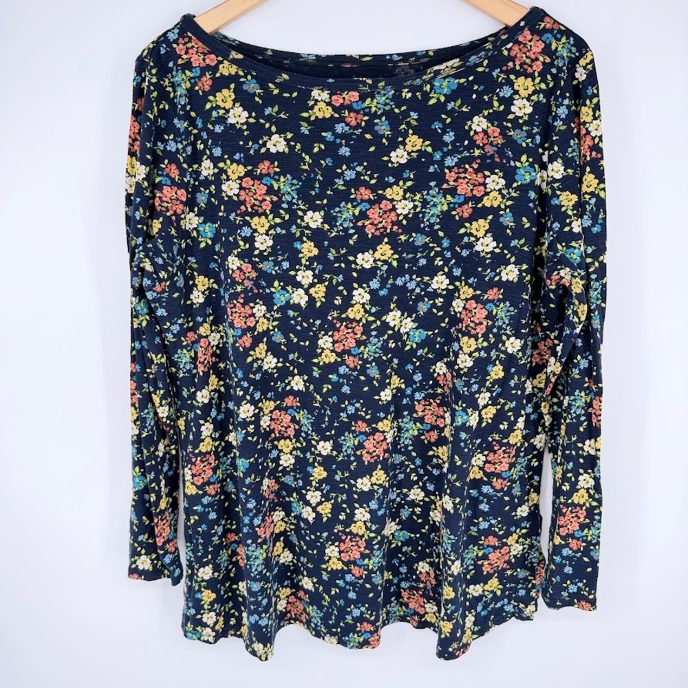 J.Jill Pima A-Line Printed Tunic Size Large Navy Floral Long Sleeve Cottage Fall
